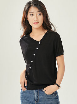 V-neck Short Sleeve Slit Knitted T-shirt