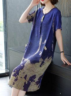 Stylish Print O-neck Loose Silk Dress