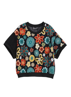 Casual O-neck Embroidered Pullover T-shirt