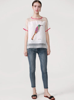 Fashion See-though Silk Animal Pattern T-shirt