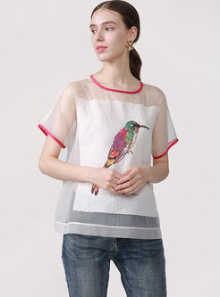 Fashion See-though Silk Animal Pattern T-shirt