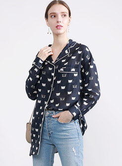 Casual Print Lantern Single-breasted Cotton Blouse