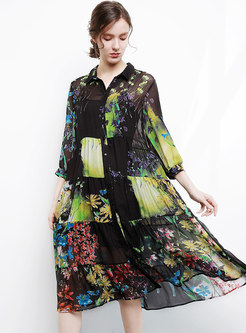 Color-blocked Silk Print Mid Waist Shift Dress