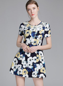 Brief Print O-neck High Waist Slim Mini Dress