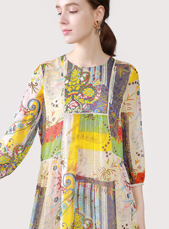 Vintage Multicolor O-neck Print Maxi Shift Dress