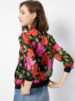 Trendy Floral Print Silk Thin Short Coat 