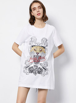 Tiger Print O-neck Cotton Casual T-shirt 