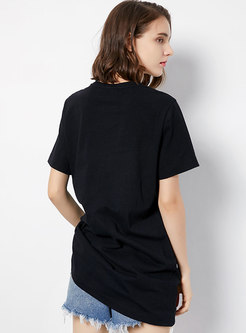 O-neck Animal Print Cotton Black Slim T-shirt 