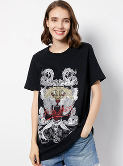 O-neck Animal Print Cotton Black Slim T-shirt 