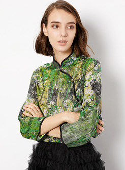 Ethnic Style Print Stand Collar Slim Silk Top