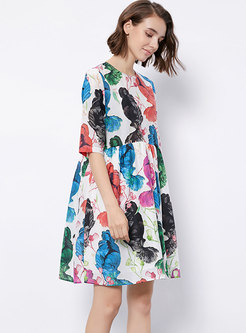 Color-blocked Loose Waist Print Shift Dress