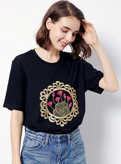 Brief Black Embroidered Straight T-shirt 