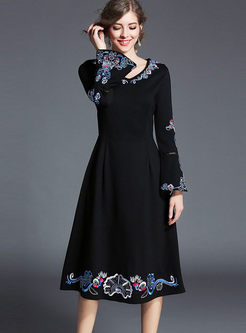 V-neck Long Sleeve Embroidered Dress