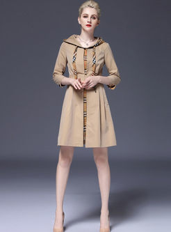 Fashion Hooded Plaid Splicing Trench Coat