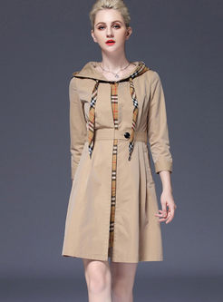 Fashion Hooded Plaid Splicing Trench Coat