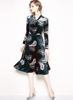 Elegant Velvet Print Tie-collar Slim Skater Dress