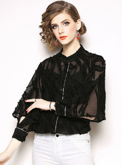Stand Collar Bat Sleeve Jacquard Single-breasted Blouse