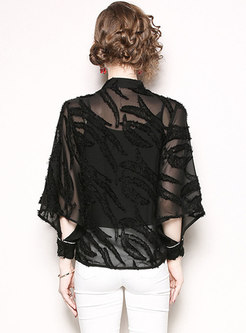 Stand Collar Bat Sleeve Jacquard Single-breasted Blouse