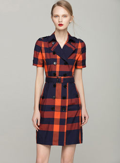 Casual Plaid Double-breasted Slim Dress
