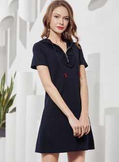 Casual Navy Knitted Hooded Zippered A-line Dress