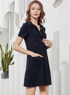 Casual Navy Knitted Hooded Zippered A-line Dress