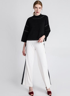 Casual Color-blocked Stand Collar Slit Sweater