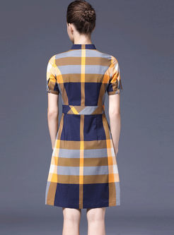 Casual Standing Collar Bowknot Waist Dress