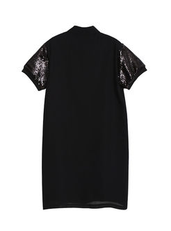 Black Lapel Short Sleeve Cartoon Beaded Dress