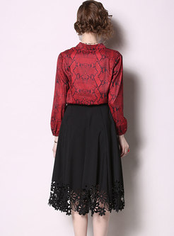 Print V-neck Pullover Blouse & High Waist A Line Skirt