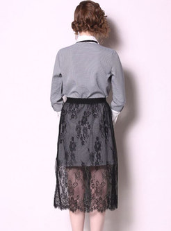 Plaid Lapel Bowknot Blouse & Lace Elastic Waist Skirt