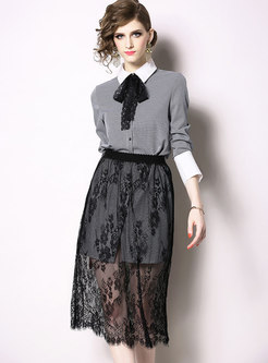 Plaid Lapel Bowknot Blouse & Lace Elastic Waist Skirt