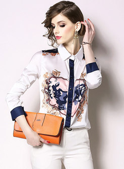 Chic Color-blocked Lapel Print Single-breasted Blouse