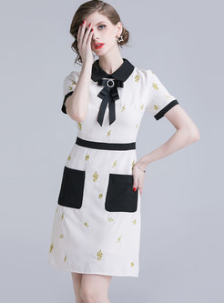 Color-blocked Lapel Embroidered Bowknot A Line Dress