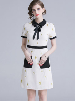 Color-blocked Lapel Embroidered Bowknot A Line Dress