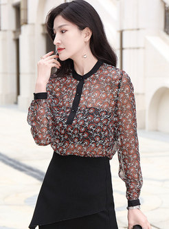 Color-blocked Floral Stand Collar Pullover Blouse