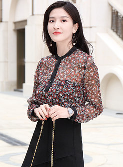 Color-blocked Floral Stand Collar Pullover Blouse