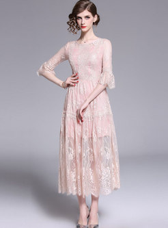 Sweet Pink Lace Flare Sleeve Slim Maxi Dress