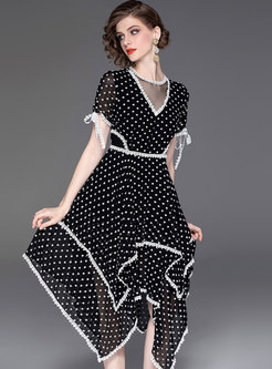 Stylish Print Splicing Asymmetric Slim Dress