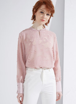 Elegant Pink Hollow Out O-neck Pullover Blouse