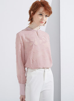Elegant Pink Hollow Out O-neck Pullover Blouse