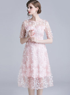 Pink Embroidered Polka Dot Bridesmaid Dress