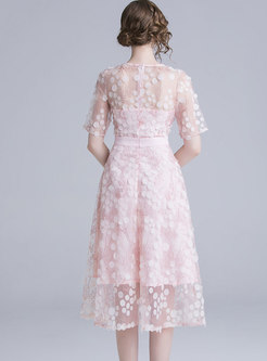 Pink Embroidered Polka Dot Bridesmaid Dress