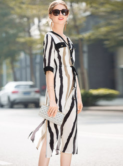 Elegant Striped V-neck Tie-waist Side-slit Skater Dress