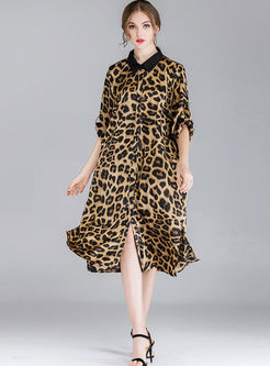 Lapel Long Sleeve Plus Size Leopard Dress