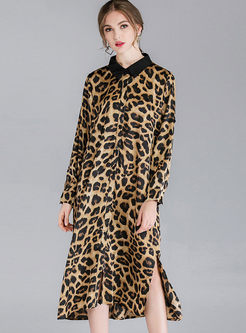 Lapel Long Sleeve Plus Size Leopard Dress