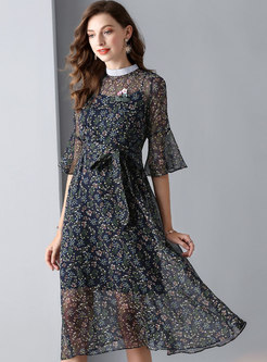 Floral Stand Collar Flare Sleeve A Line Dress With Cami