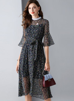 Floral Stand Collar Flare Sleeve A Line Dress With Cami
