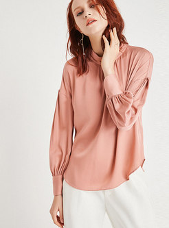 Pure Color Stand Collar Pullover Blouse