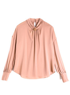 Pure Color Stand Collar Pullover Blouse