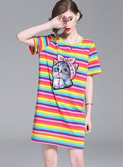 Rainbow Striped Cat Print T-shirt Dress